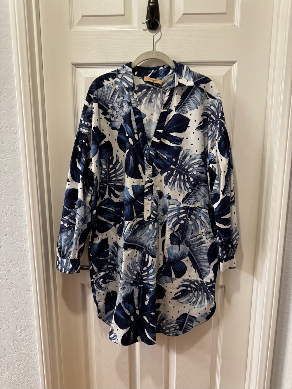 Twinset Milano Blue White Palm Leaf Print Poplin Shirt Mini Dress 46 - Picture 6 of 16